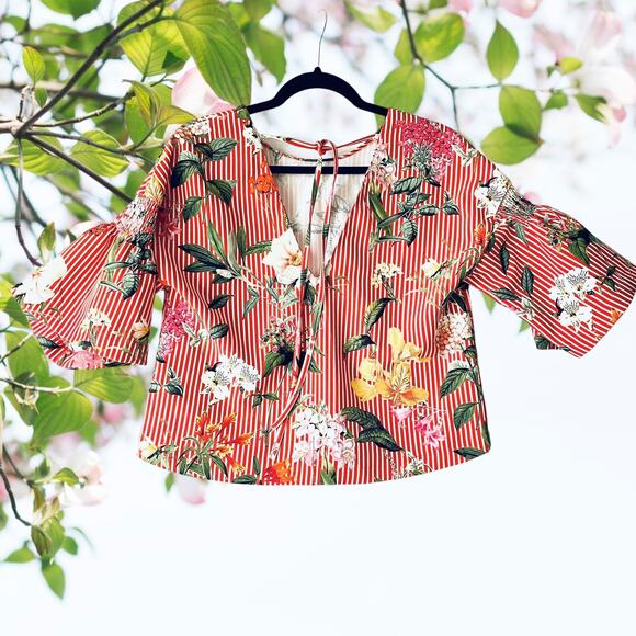 NWT - Zara Striped and Floral Print Ruched Sleeve Top Shirt Multicolor Women's - Picture 2 of 5